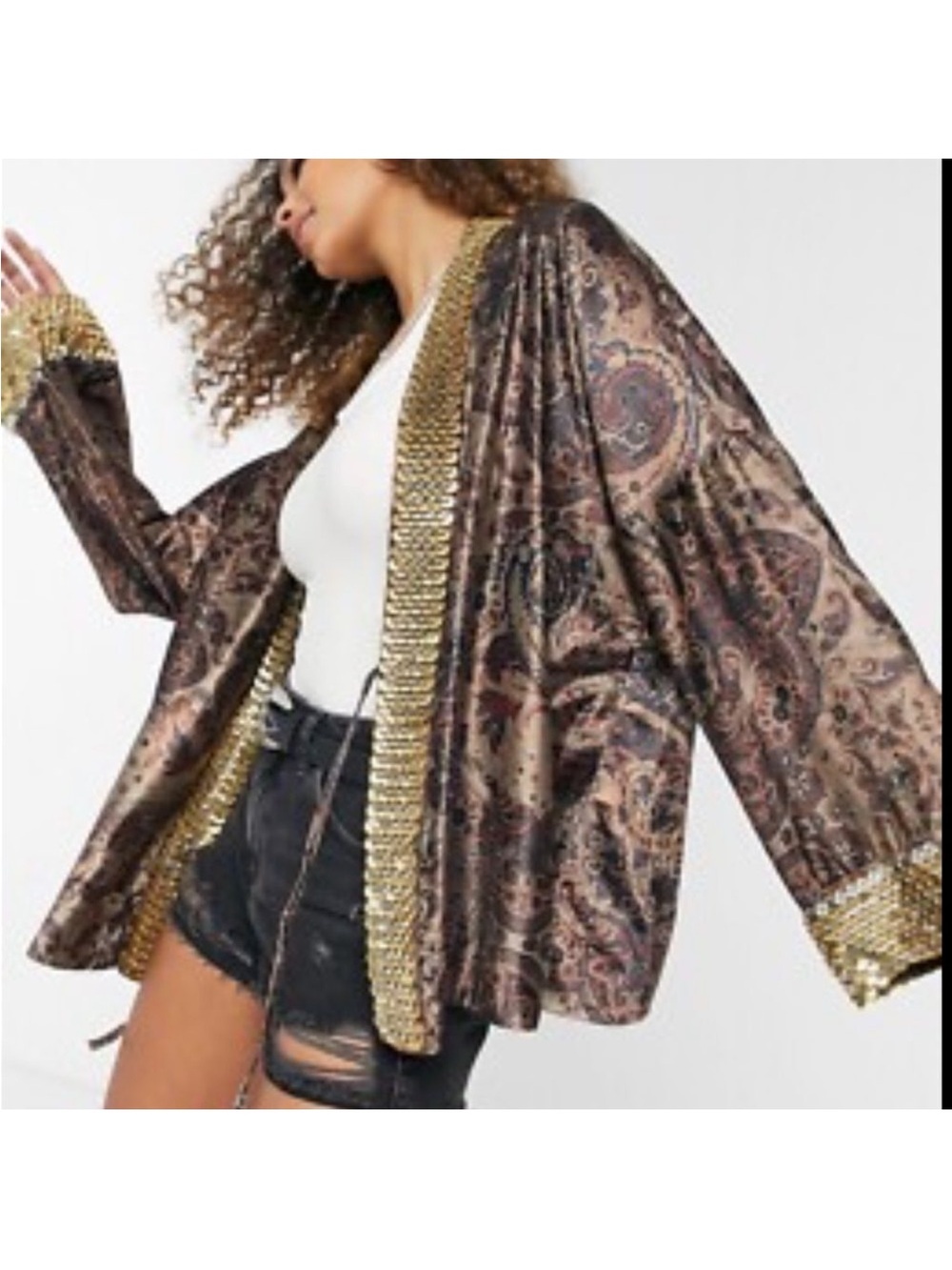 Boho Metallic Paisley Open Front Jacket with Gold Trim - Women